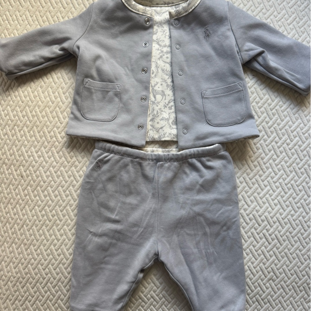 Ralph Lauren Gray Two-Piece Baby Matching Set + hat/blanket